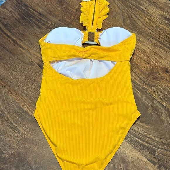 EastElegant Maternity Ruffle Ribbed One Piece Square Ring Linked Suit yellow - Picture 3 of 7